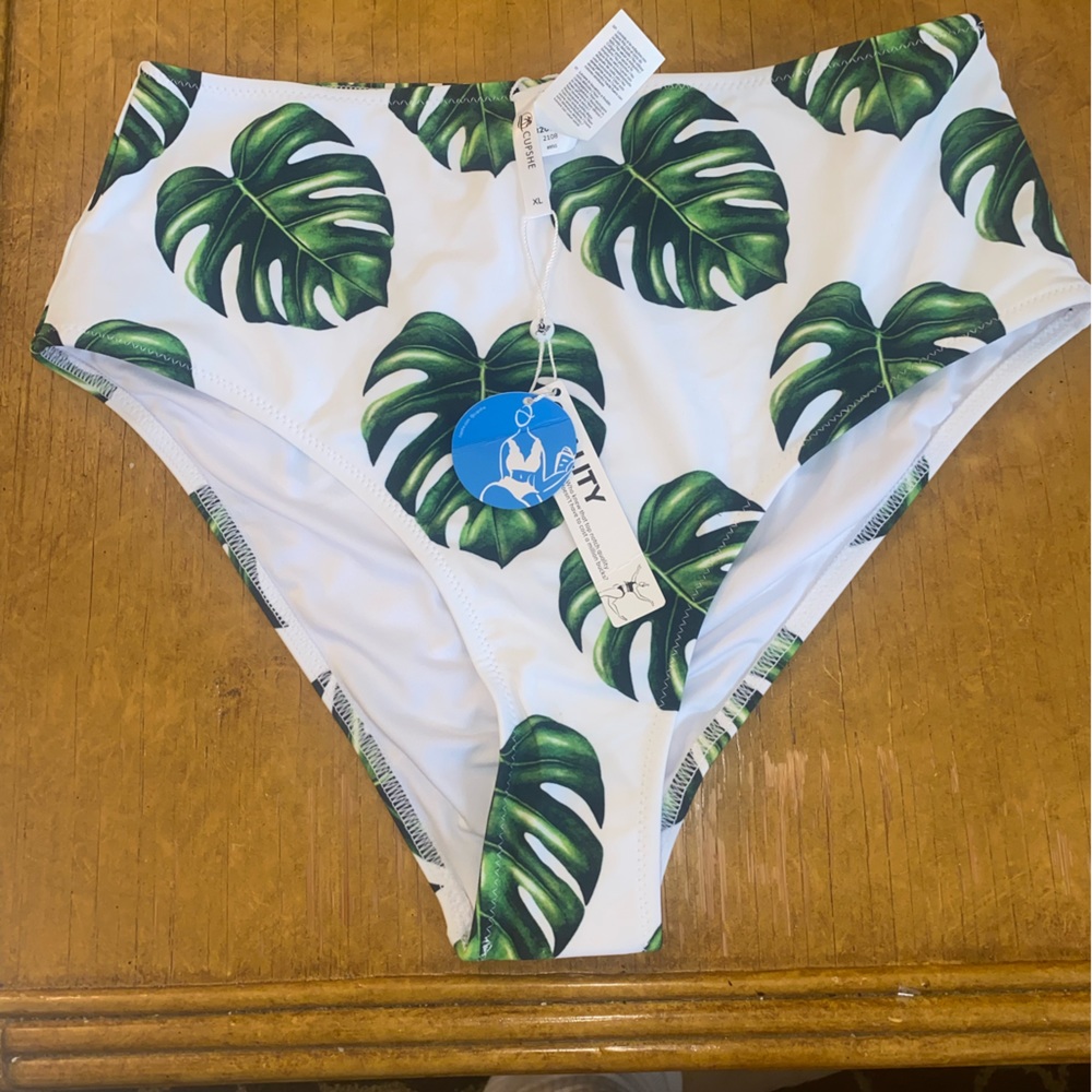 CUPSHE bathing suit bottoms size XL white and green leaves high waisted